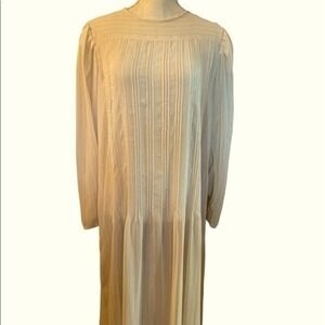 ILGWU VTGE Sheer Striped Long Sleeve Button Back Midi Dress Cream Neutral Size M